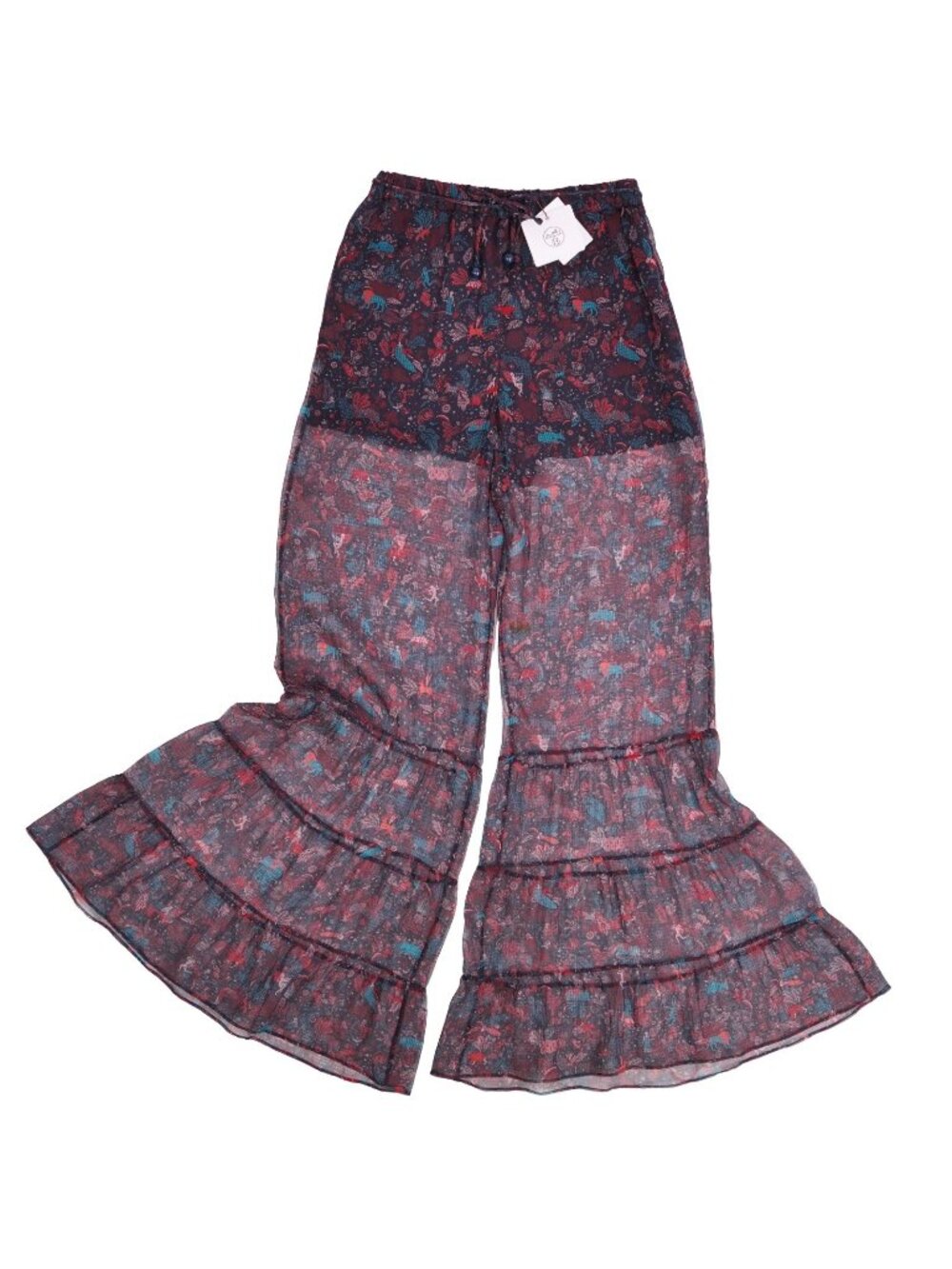 Hermes Pants Long Wide Sheer All Over Print Silk Multicolor 36